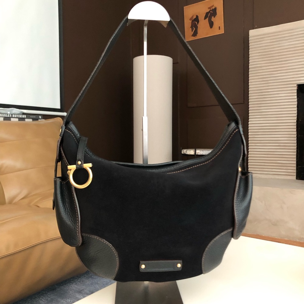Salvatore Ferragamo Black Suede and Leather Shoulder Bag